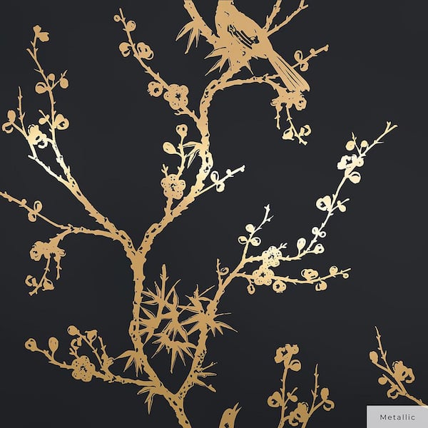 Cynthia Rowley Black and Metallic Gold Bird Watching Vinyl Peel and Stick Wallpaper Roll (Covers 60 sq. ft.)