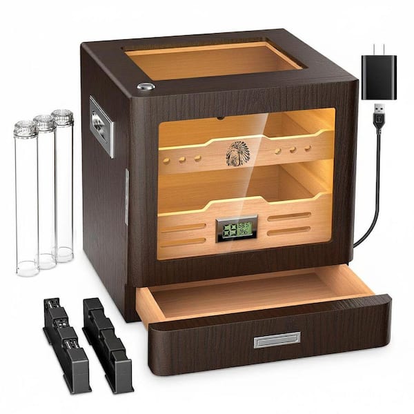 10.16 x 12.9 Glass Top Wood Cigar Humidor Cabinet in Spanish Cedar Wood w/LED Lighting, Digital Hygrometer,2 Humidifiers