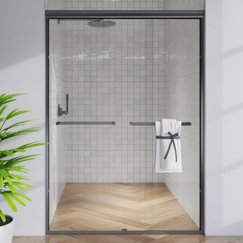 Matte Black Semi-Frameless Sliding Shower Door with Clear Glass