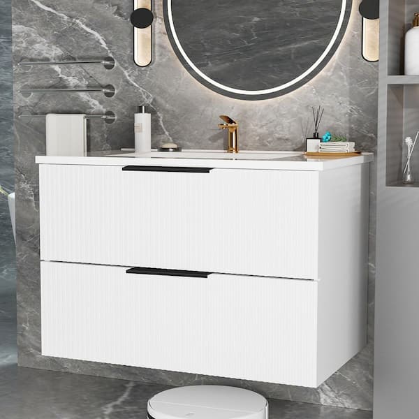 30 in. Single Sink Floating Bath Vanity in White with White Ceramic Top