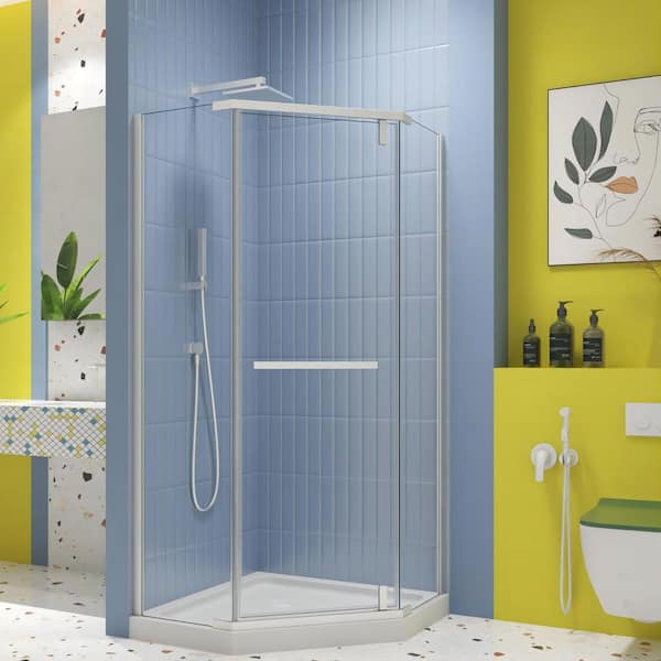 TOOLKISS 34.75 in. W x 72 in. H Neo-Angle Pivot Semi Frameless Corner Shower Enclosure in White with Clear Glass