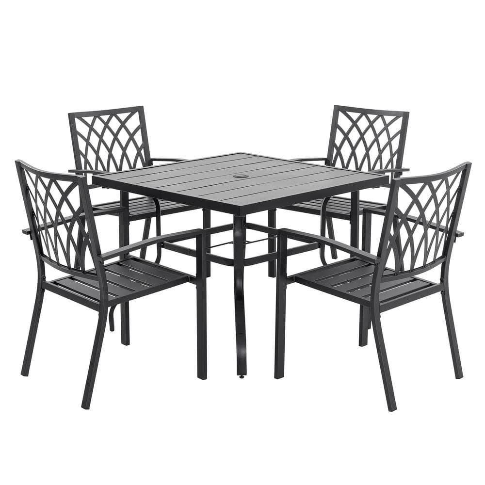Modern Black Iron 5-Piece Outdoor Dining Set with Square Table