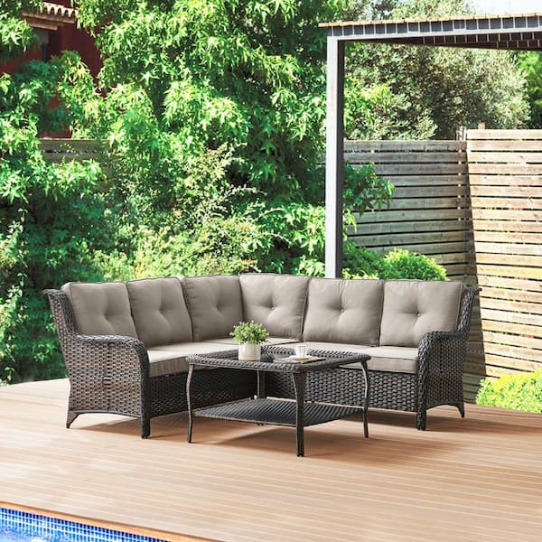 Gymojoy Carolina 4-Piece Brown Wicker Outdoor Patio Sectional Sofa Set with Grey Cushions and Coffee Table