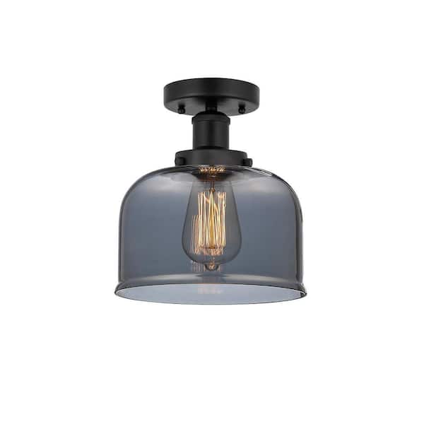 Bell 6.5 in. 1-Light Matte Black Industrial Semi-Flush Mount with Smoked Glass Shade