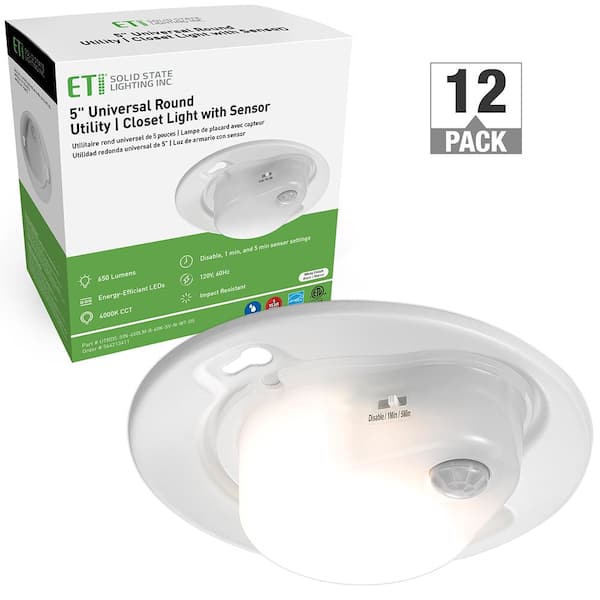 ETI LIGHTING 5 in. Motion Sensing Utility Closet Light LED Flush Mount 650 Lumens 7W Bright White 4000K Switch Controlled (12-Pack)