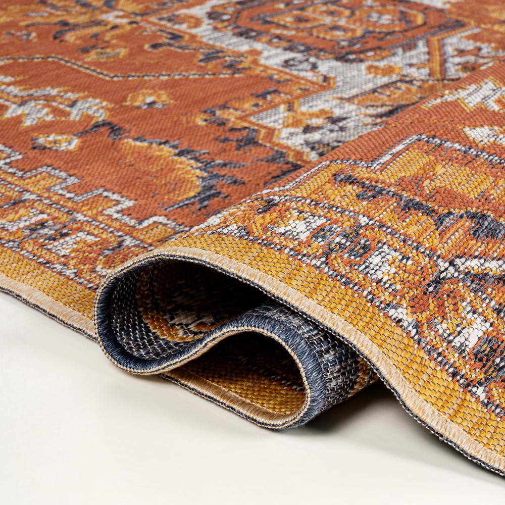 Bijan Terra Blue Cream Medallion Washable Reversible Rug 5x8