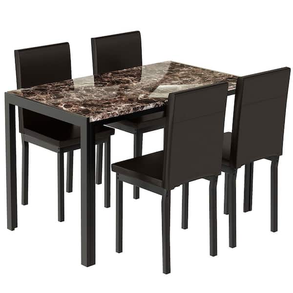 mieres Dora 5-Piece Rectangle Faux Marble Wood Top Brown Dining Table Set