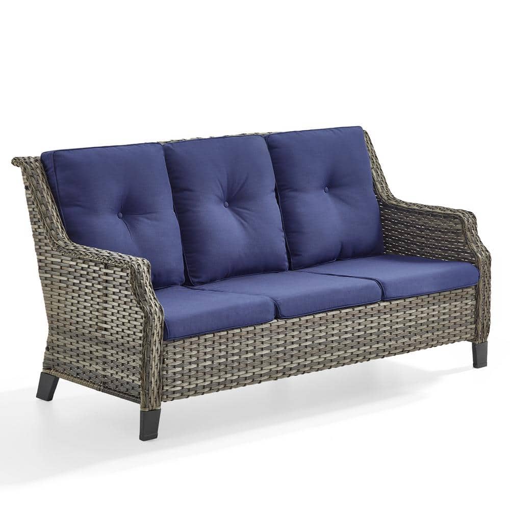 Straight Armrest Series 3 Seat Gray Wicker Outdoor Patio Sofa Couch with CushionGuard Blue Cushions (2 Pack) price history on PriceWatchPro