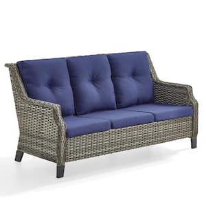 Straight Armrest Series 3 Seat Gray Wicker Outdoor Patio Sofa Couch with CushionGuard Blue Cushions (2 Pack)