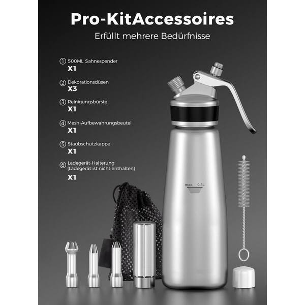 Wudkey Silver Whipped Cream Dispenser, 500ml Aluminum Cream