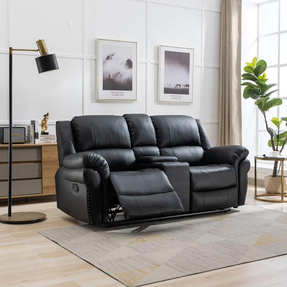 Black Leather Pillow Top 2-Seat Home Theater Recliner W/ Push-Back Chair  Sillon