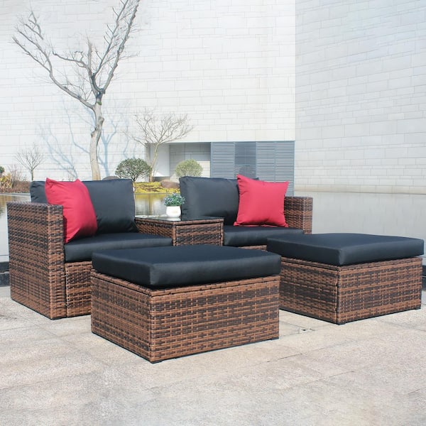 Zeus & Ruta 5-Piece Brown Wicker Outdoor Conversation Set with Black Cushions and Red Pillows with Furniture Protection Cover