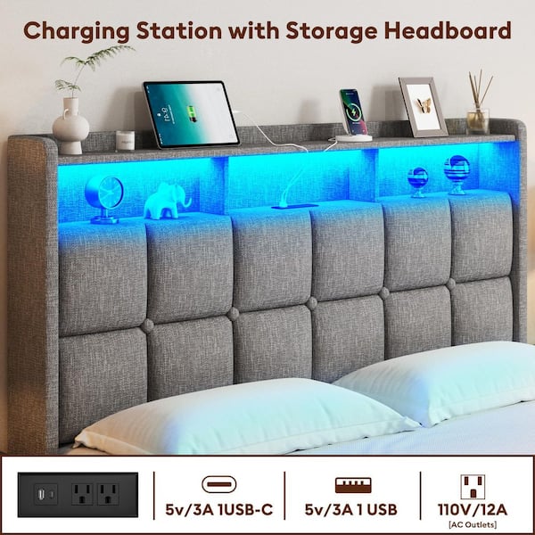 Light Gray Wood Frame Queen Size Upholstered Platform Bed with LED Lights, Charging Station, Headboard and 2-Drawers