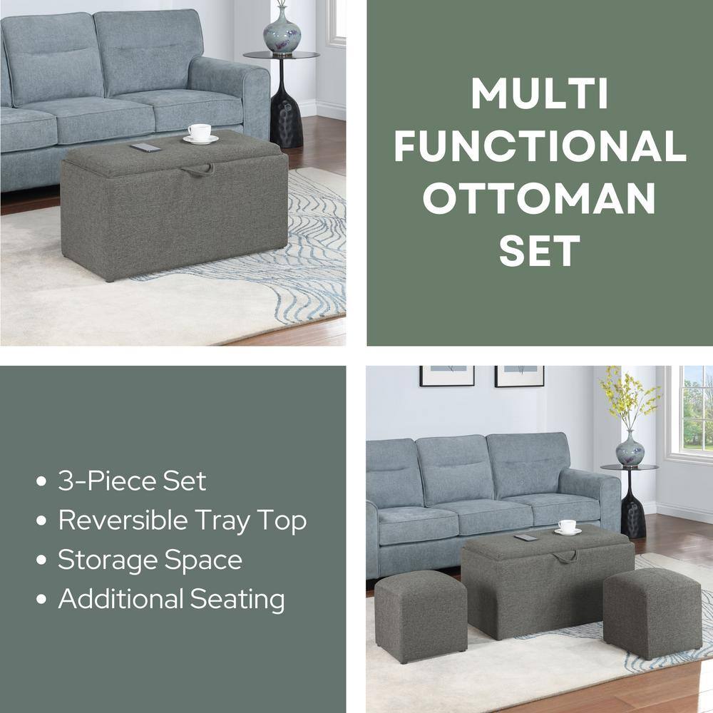 Elegant Gray Storage Bench with Reversible Tray and Side Ottomans