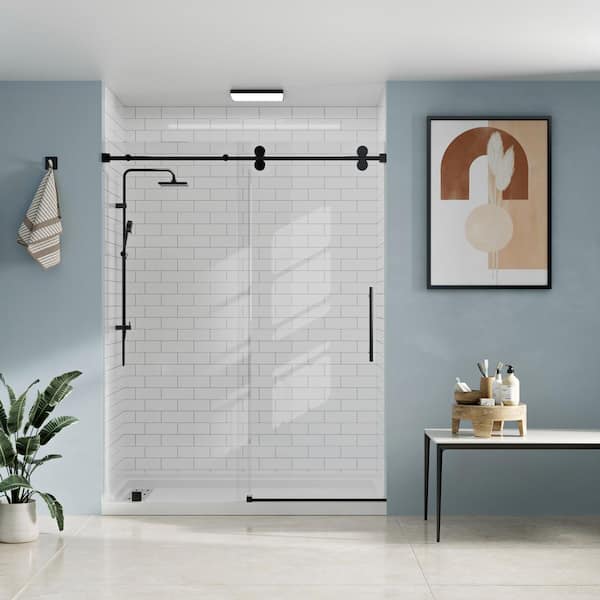 32 in. L x 60 in. W x 96 in. H Alcove Shower Stall/Kit Sliding Door in Matte Black with Right Drain and Glossy Bricks