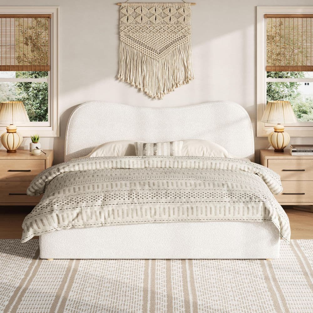 White Wood Frame King Boucle Upholstered Platform Bed with Curved Headboard price history on PriceWatchPro