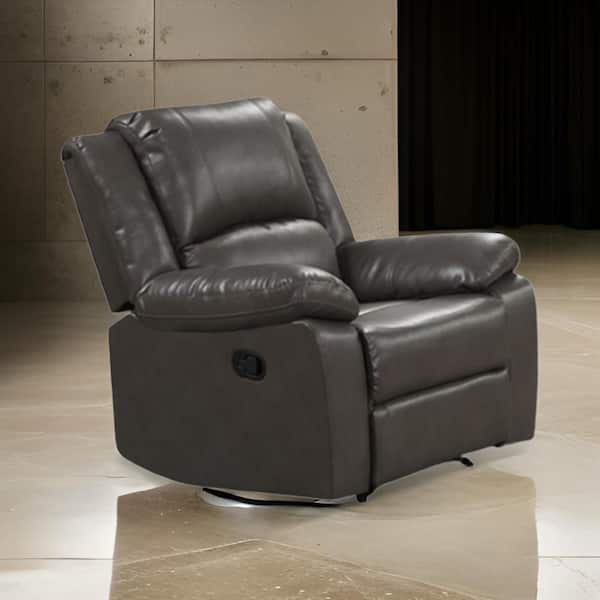 Benjara Lizzy Gray Leather Glider Recliner Chair with Pillow Arms