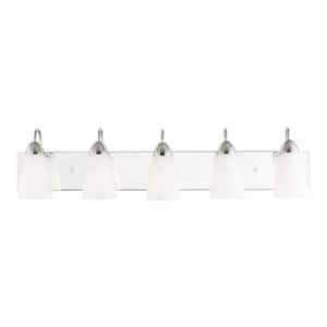 Seville 35 in. 5-Light Chrome Transitional Modern Wall Bathroom Vanity Light with White Etched Glass Shades