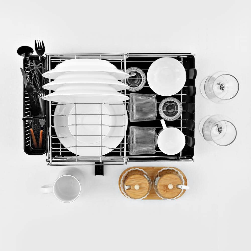 Compact 18.25" Stainless Steel 2-Tier Dish Drying Rack with Utensil Holder