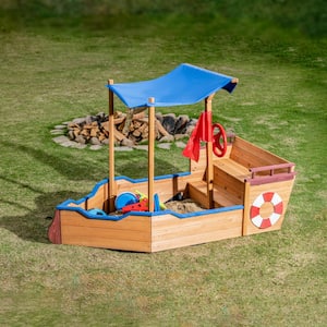 Pirate Ship Sandbox 340 Gal. with Cover and Rudder, Wooden Sandbox with Outdoor Storage Bench and Seat, Outdoor Toy