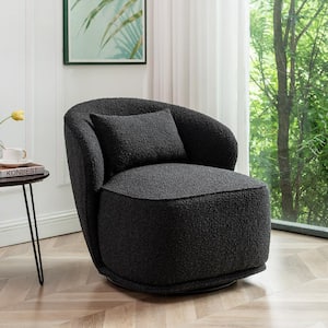 Black Boucle Upholstered 360° Swivel Barrel Accent Chair with Pillow