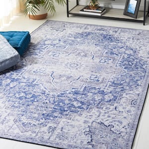 Tuscon Navy/Gray Doormat 3 ft. x 5 ft. Machine Washable Medallion Floral Distressed Area Rug