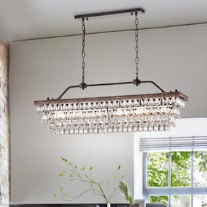 Chiara 6-Light Antique Bronze Rectangular Glam Chandelier with Clear Glass Hanging Teardrop Crystals