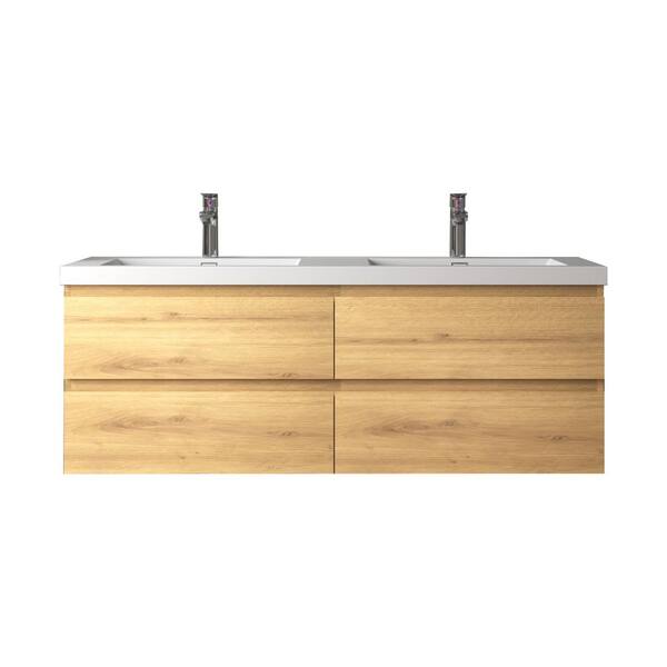 Angela 60 in. Double A. Oak Bath Vanity Wall-mounted Floating Vanities with Gloss White Resin Stone Top 4 Drawers
