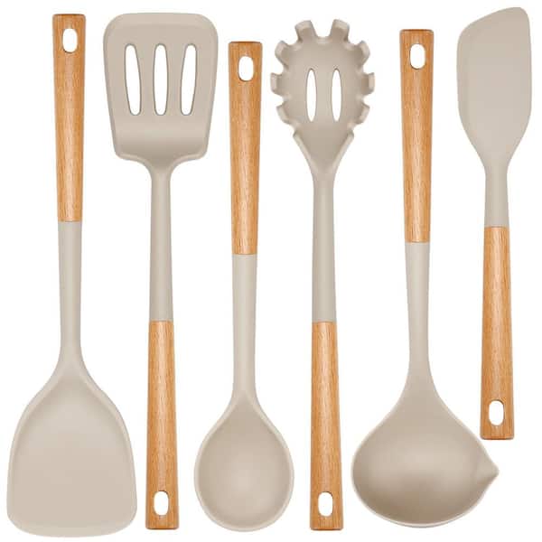 Khaki Kitchen Utensils Set, Non-stick Silicone Cooking Utensils, Wooden Handle Heat Resistance Silicone Spatula Soup