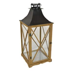 Brown and Black Large Tabletop Décor Lantern with Glass Panels and Ring Top