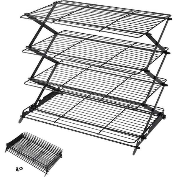 Black 4-Tier Collapsible Cooling Rack, Adjustable 3-Setting Design Stackable Roasting Cooking Drying Wire Cooling Rack