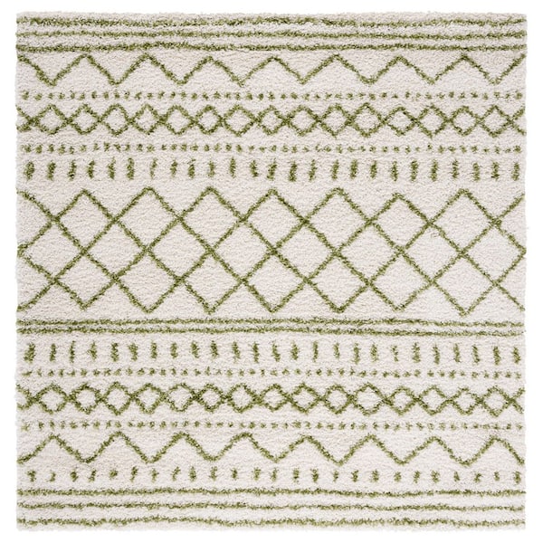 SAFAVIEH Arizona Shag Ivory/Green 3 ft. x 3 ft. Geometric Lodge Square Area Rug
