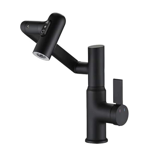 Smart Temperature Display Bathroom Sink Faucet with Pull-Out Spray & 360° Swivel-Matte Black