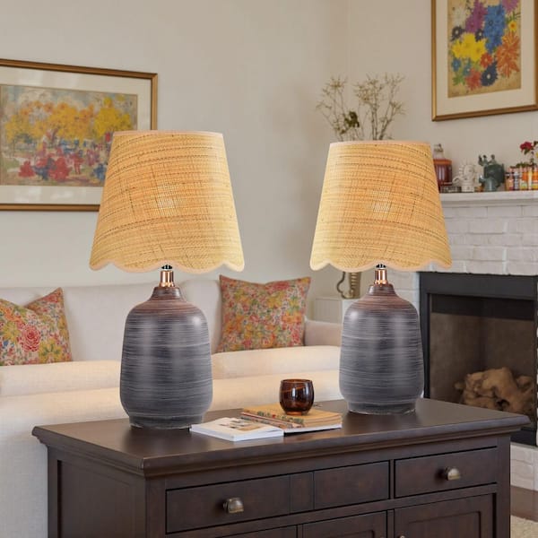 Pair of 18.9 in. Black with White Stripe Desk Table Lamp