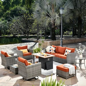 Eufaula Gray 10-Piece Wicker Outdoor Patio Conversation Sofa Set with a Storage Shelf Fire Pit and Orange Red Cushions
