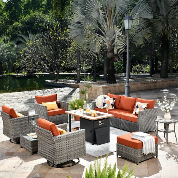 Toject Eufaula Gray 10-Piece Wicker Outdoor Patio Conversation Sofa Set with a Storage Shelf Fire Pit and Orange Red Cushions