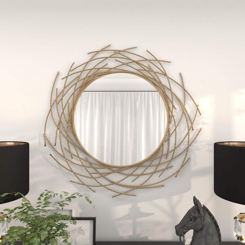 Gold Sunburst Round Wood Wall Mirror, 39"