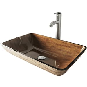 Glass Rectangular Vessel Bathroom Sink in Wooden Brown with Seville Faucet and Pop-Up Drain in Brushed Nickel