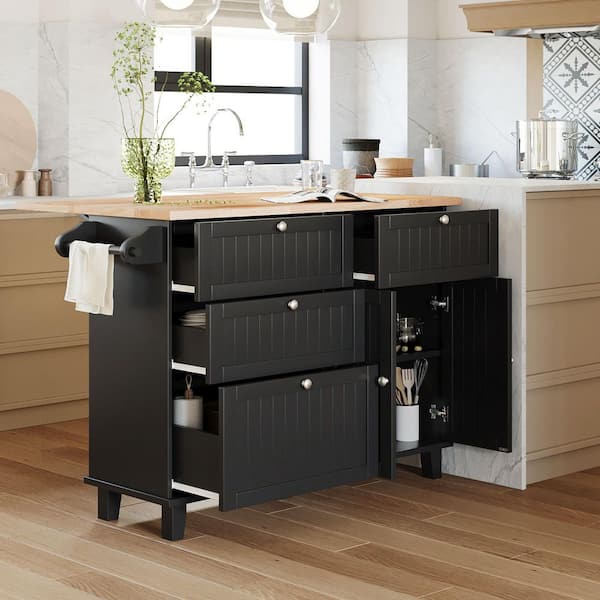 Black Wood 50.3 in. Kitchen Island with Drop Leaf, Drawers and 2 Seatings