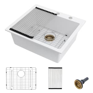 25 in. Drop-In Single Bowl White Quartz Composite Kitchen Sink with Bottom Grids and Strainer