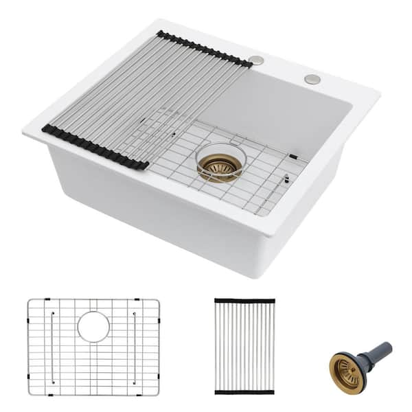 Logmey 25 in. Drop-In Single Bowl White Quartz Composite Kitchen Sink with Bottom Grids and Strainer