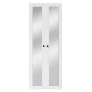 30 in. x 80 in. 1-Lite Mirrored Glass Solid Core White Finished Pivot Bi-fold Door with Two Types of Hardware