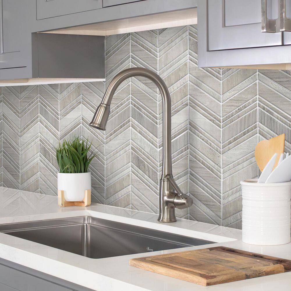 Gray and Beige Chevron Polished Marble Mosaic Tile