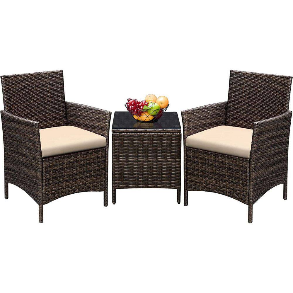 Brown 3-Piece PE Rattan Chair Patio Furniture Conversation Set in Beige