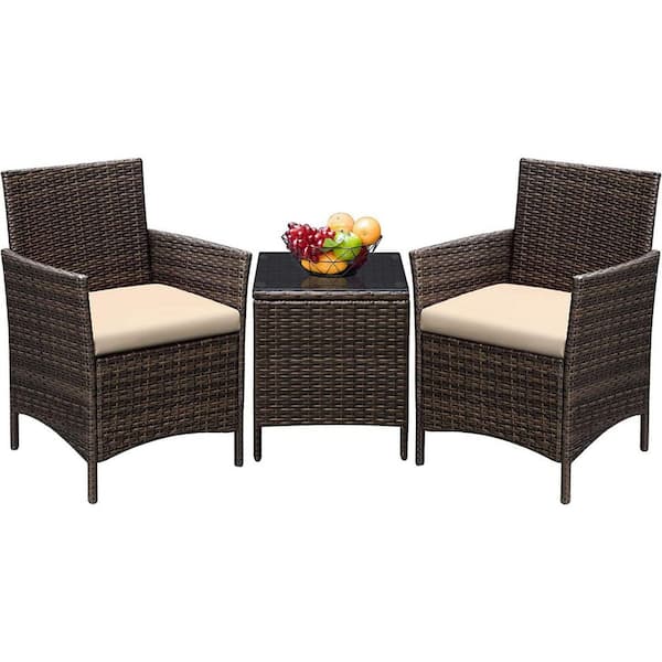 Unbranded Brown 3-Piece PE Rattan Chair Patio Furniture Conversation Set in Beige