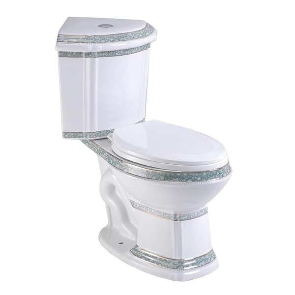 RENOVATORS SUPPLY MANUFACTURING Corner Elongated 2-Piece Dual Flush Bathroom Toilet India Reserve Design Green Gold Painted Manufacturing