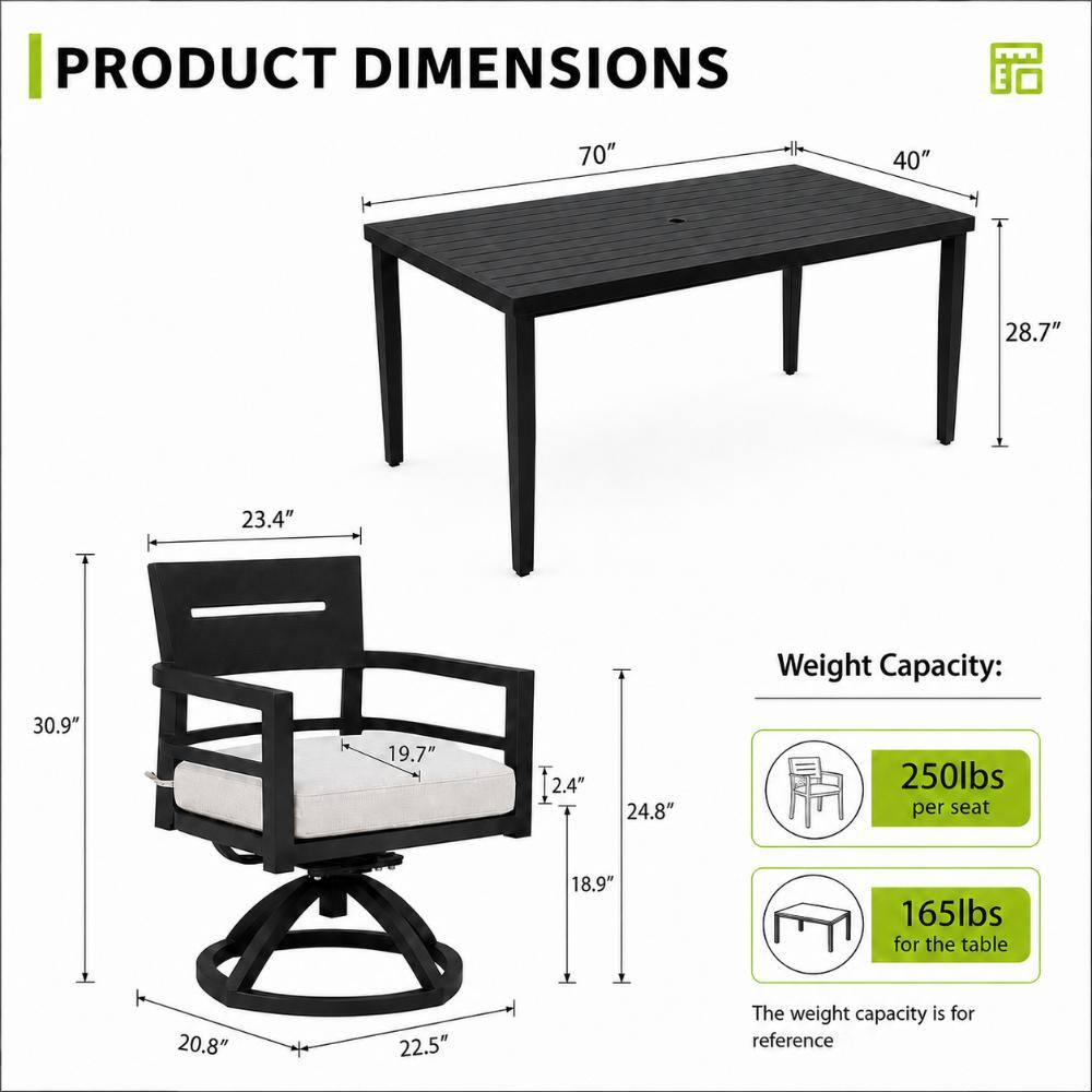 Technical dimensions and weight capacity specifications for the outdoor dining set.
