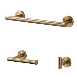 3-Piece Stainless Steel Bath Hardware Set with Towel Hook, Toilet Paper Holder and Towel Bar in Brushed Gold