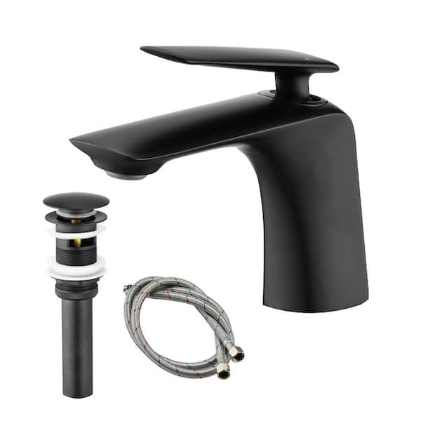Single Handle Wall Mounted Bathroom Faucet with Pop Up Drain and Water Supply Hose in Matte Black