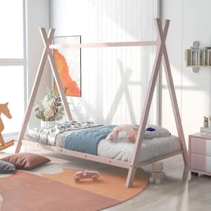 Pink Metal Twin Size House Bed Tent Bed Frame with Roof, Floor Kids Play House Bed Platform Bed Frame with Solid Slats
